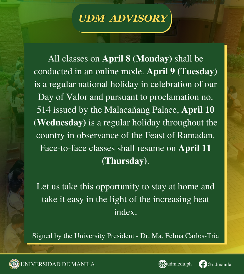 UDM April 8, 9 and 10 advisory - Ramadan