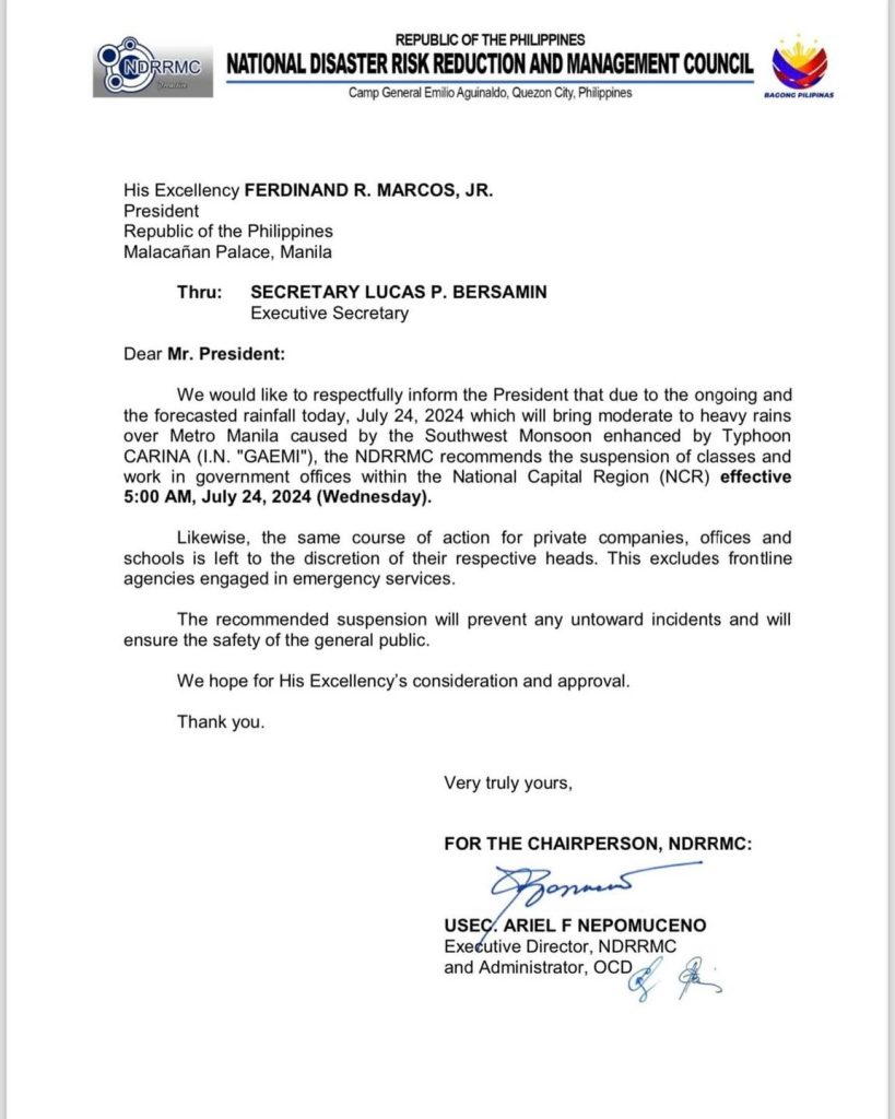 Letter for the suspension of work and classes